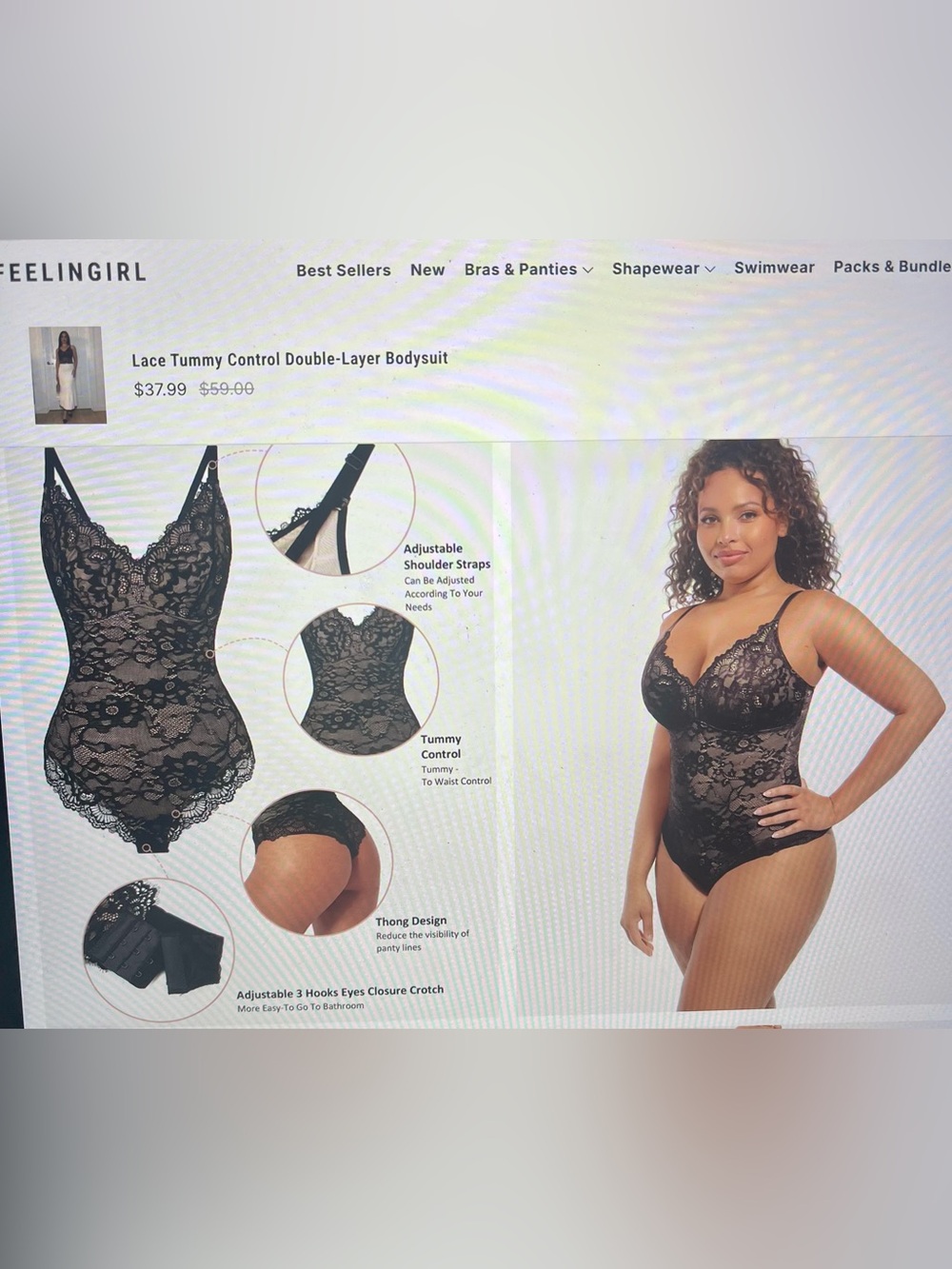 Feelingirl Black Lace Tummy Control Double-Layer Bodysuit